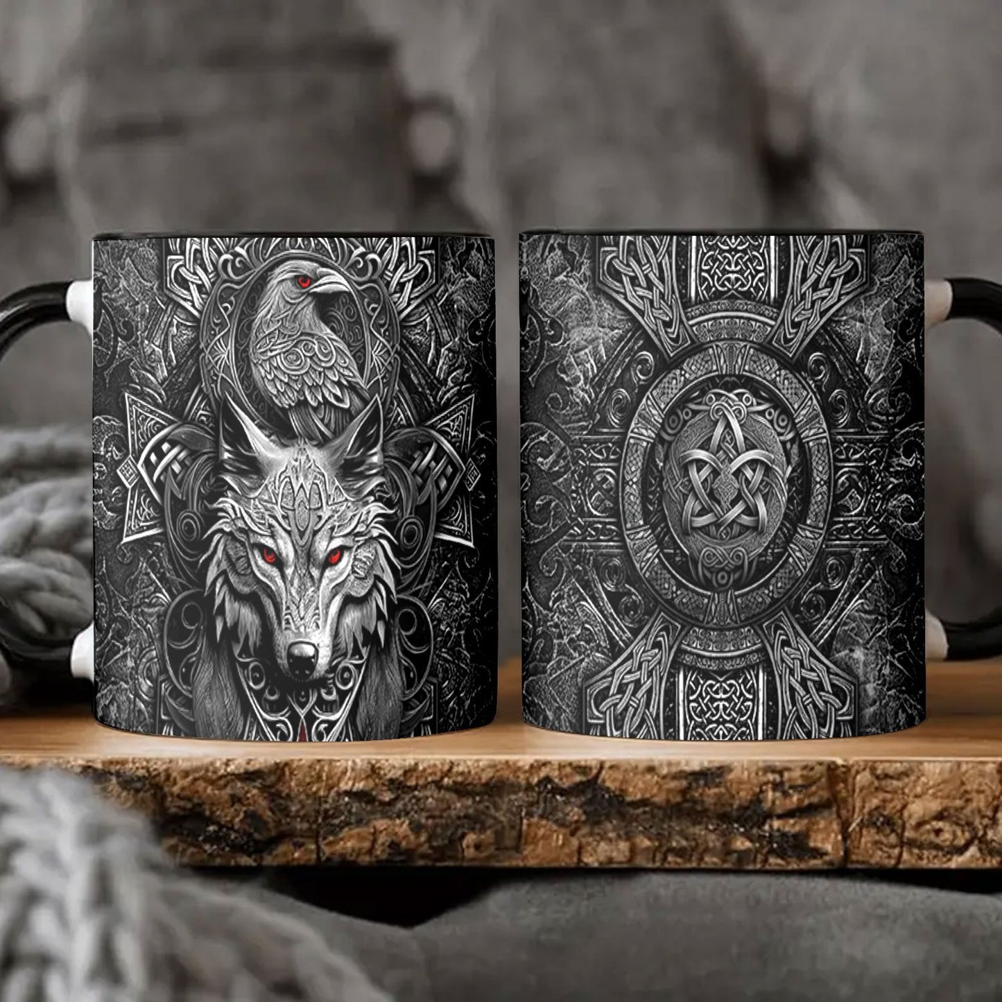 Wolf & Raven Celtic Knot Ceramic Mug - 11oz, Wide Mouth, Hot & Cold, Valentine's Gift