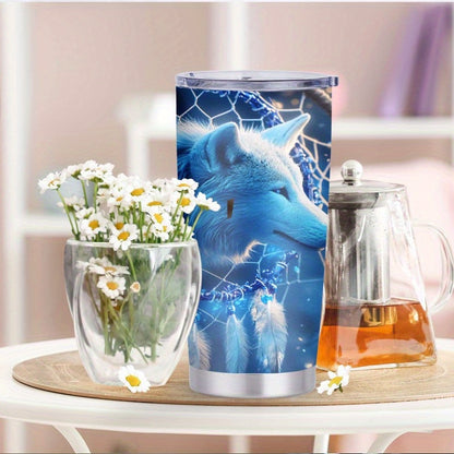 Mystic Guardian Wolf & Dreamcatcher Tumbler - 20oz, Double-Wall Insulated, Travel Mug, Gift