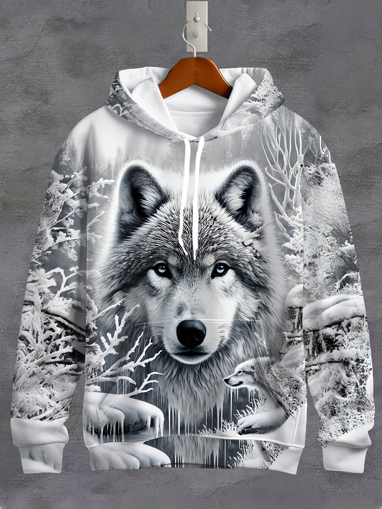 Men's Wolf Print Hoodie - 3D Animal Pattern, Polyester, Regular Fit, Fall/Winter