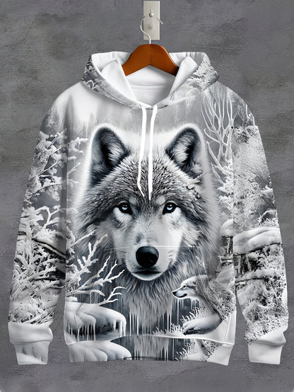 Men's Wolf Print Hoodie - 3D Animal Pattern, Polyester, Regular Fit, Fall/Winter