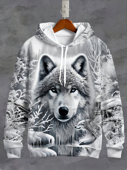 Men's Wolf Print Hoodie - 3D Animal Pattern, Polyester, Regular Fit, Fall/Winter