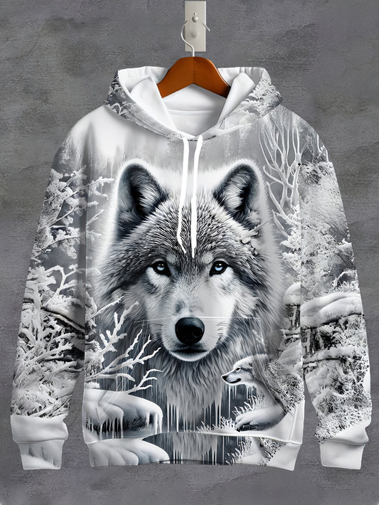 Men's Wolf Print Hoodie - 3D Animal Pattern, Polyester, Regular Fit, Fall/Winter