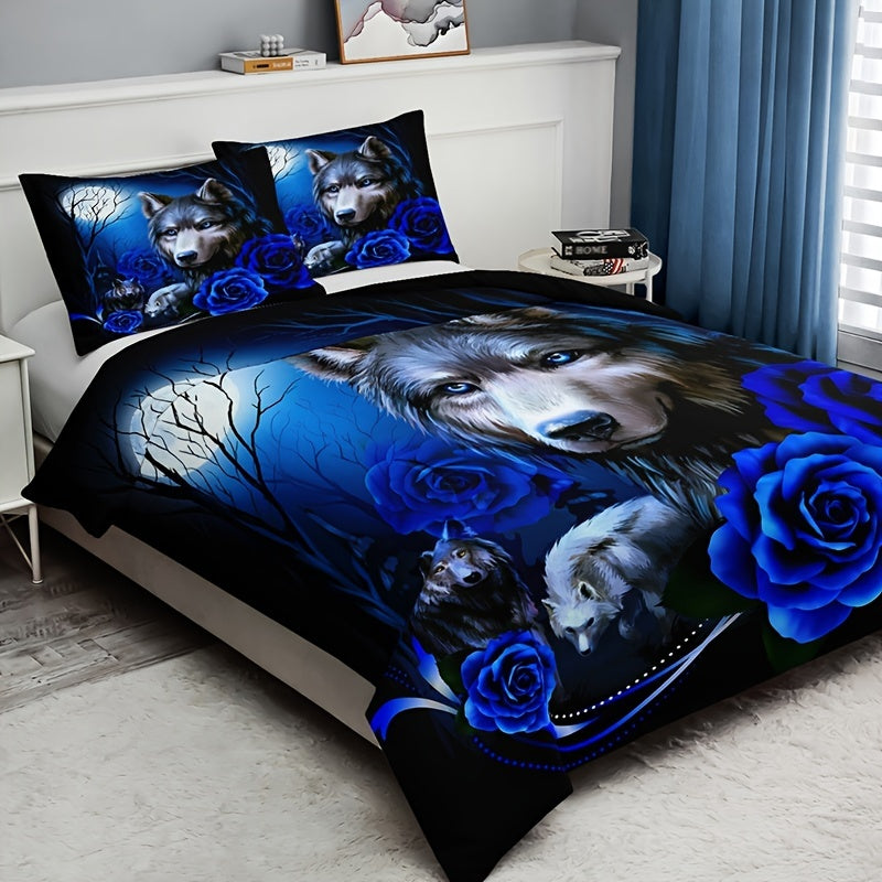 Wolf Blue Rose Duvet Cover Set - 3pcs, Soft, Breathable, All-Season, Bedroom Decor