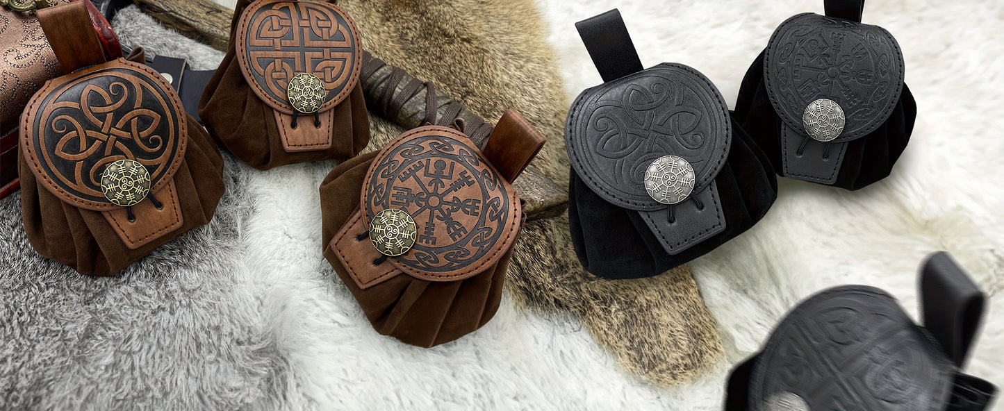 HiiFeuer Medieval Embossed Belt Bag - Faux Leather, Viking, LARP, Coin & Dice Pouch