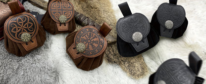 HiiFeuer Medieval Embossed Belt Bag - Faux Leather, Viking, LARP, Coin & Dice Pouch