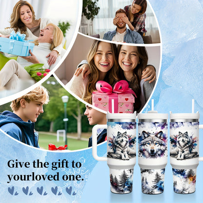 Mikenda Floral Wolf Tumbler - 40oz, Insulated Stainless Steel, Straw & Lid, Hot & Cold