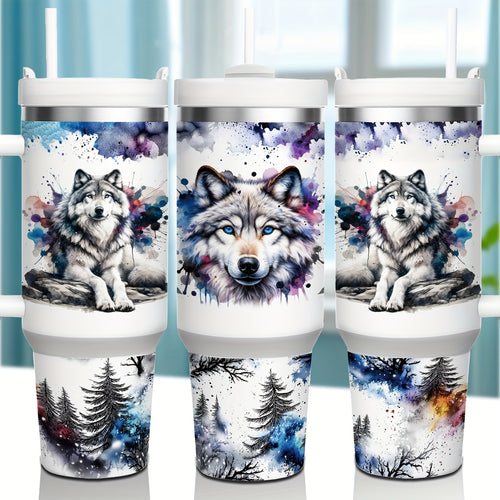 Mikenda Floral Wolf Tumbler - 40oz, Insulated Stainless Steel, Straw & Lid, Hot & Cold