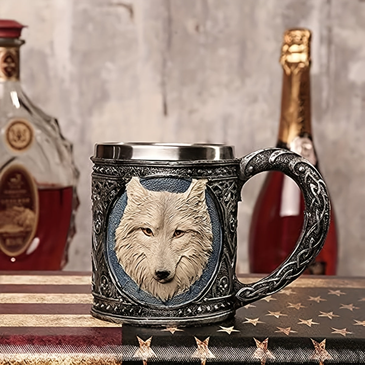 Wolf Magic Mug - Gray Wolf Celtic Tribe, Resin with Stainless Steel Rim, Coffee & Tea