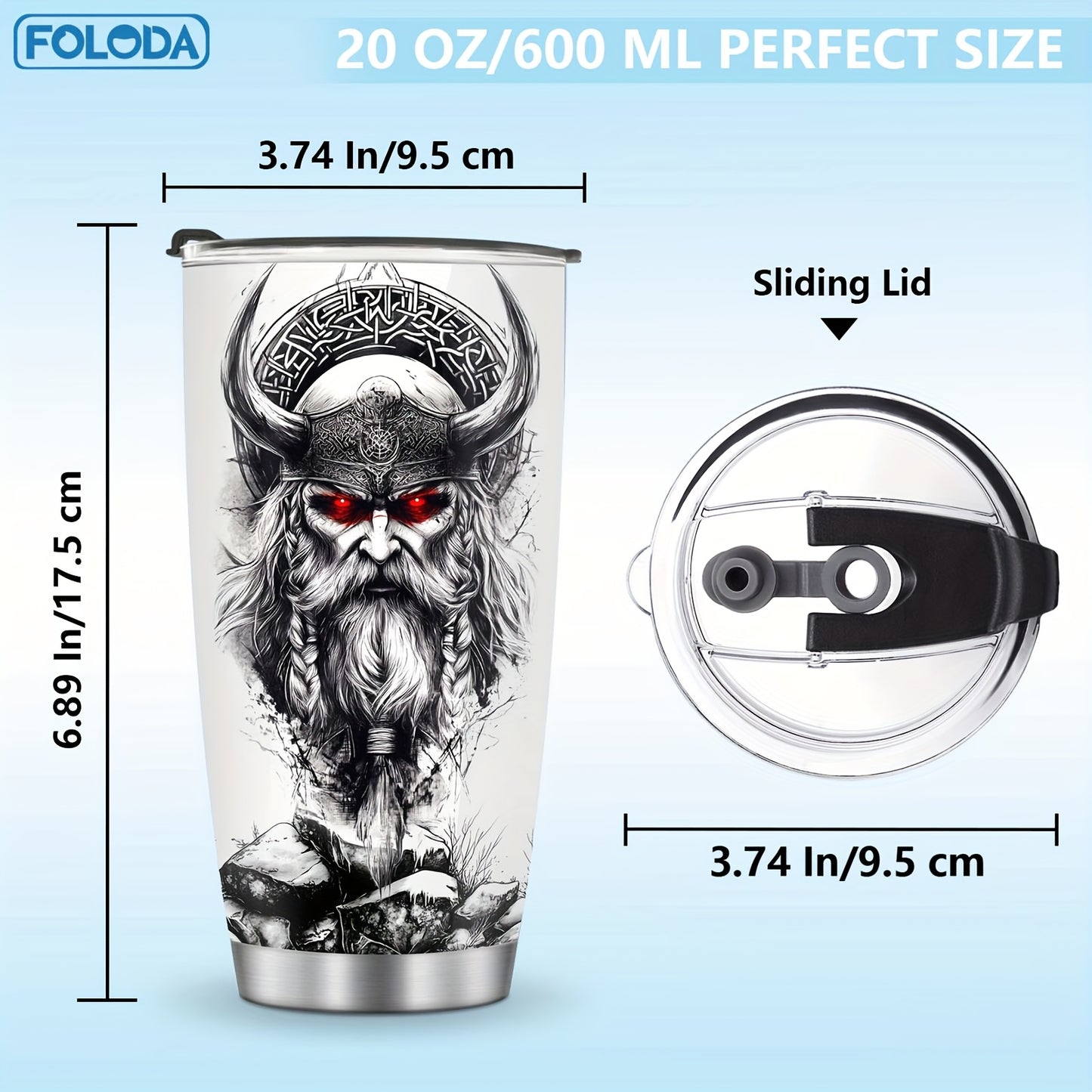 Foloda Viking Wolf Tumbler - 20oz, Insulated Stainless Steel, Lid, Norse Design, Men's Gift