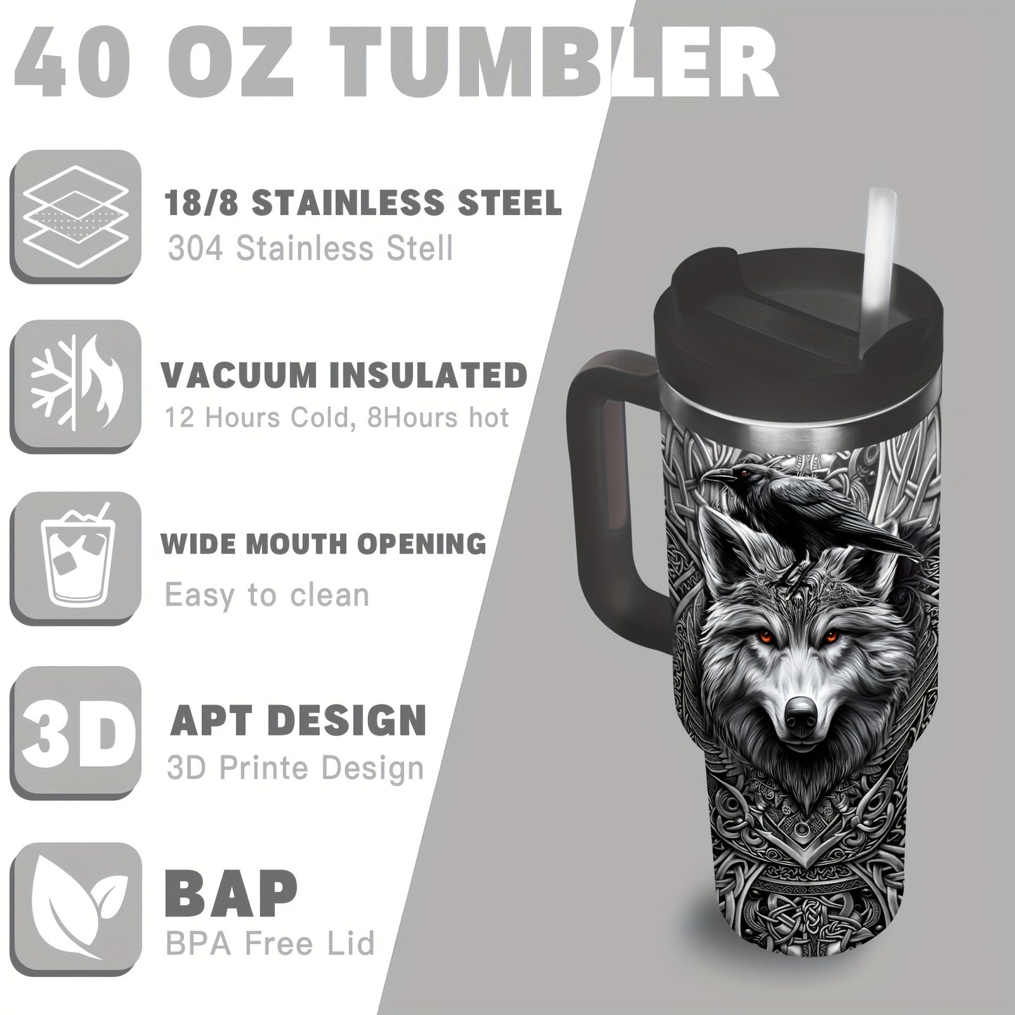 Viking Wolf & Celtic Knot Tumbler - 40oz, Insulated Stainless Steel, Men's Gift, Travel