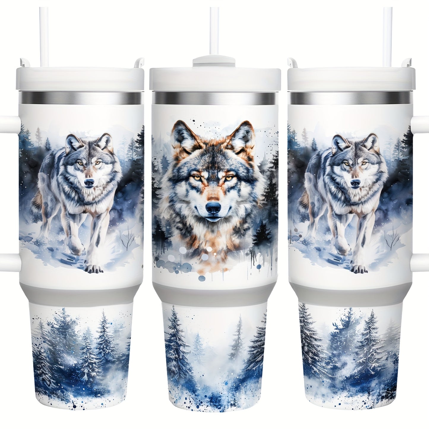 Mikenda Floral Wolf Tumbler - 40oz, Insulated Stainless Steel, Straw & Lid, Hot & Cold