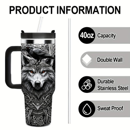 Viking Wolf & Celtic Knot Tumbler - 40oz, Insulated Stainless Steel, Men's Gift, Travel