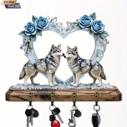 Wolf & Heart Wooden Key Rack - Rustic, Wall-Mounted, 4 Hooks, Winter Wonderland, Christmas Gift