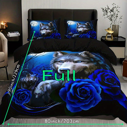 Wolf Blue Rose Duvet Cover Set - 3pcs, Soft, Breathable, All-Season, Bedroom Decor