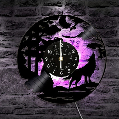 Silent Wolf Vinyl Record Wall Clock - Luminous, Home Decor, Gift