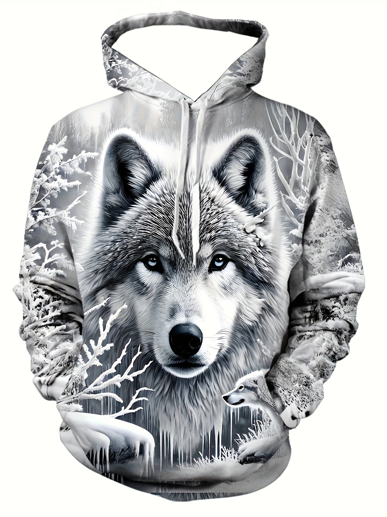 Men's Wolf Print Hoodie - 3D Animal Pattern, Polyester, Regular Fit, Fall/Winter