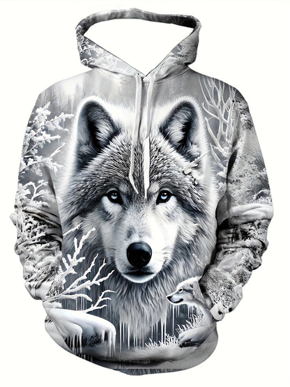 Men's Wolf Print Hoodie - 3D Animal Pattern, Polyester, Regular Fit, Fall/Winter