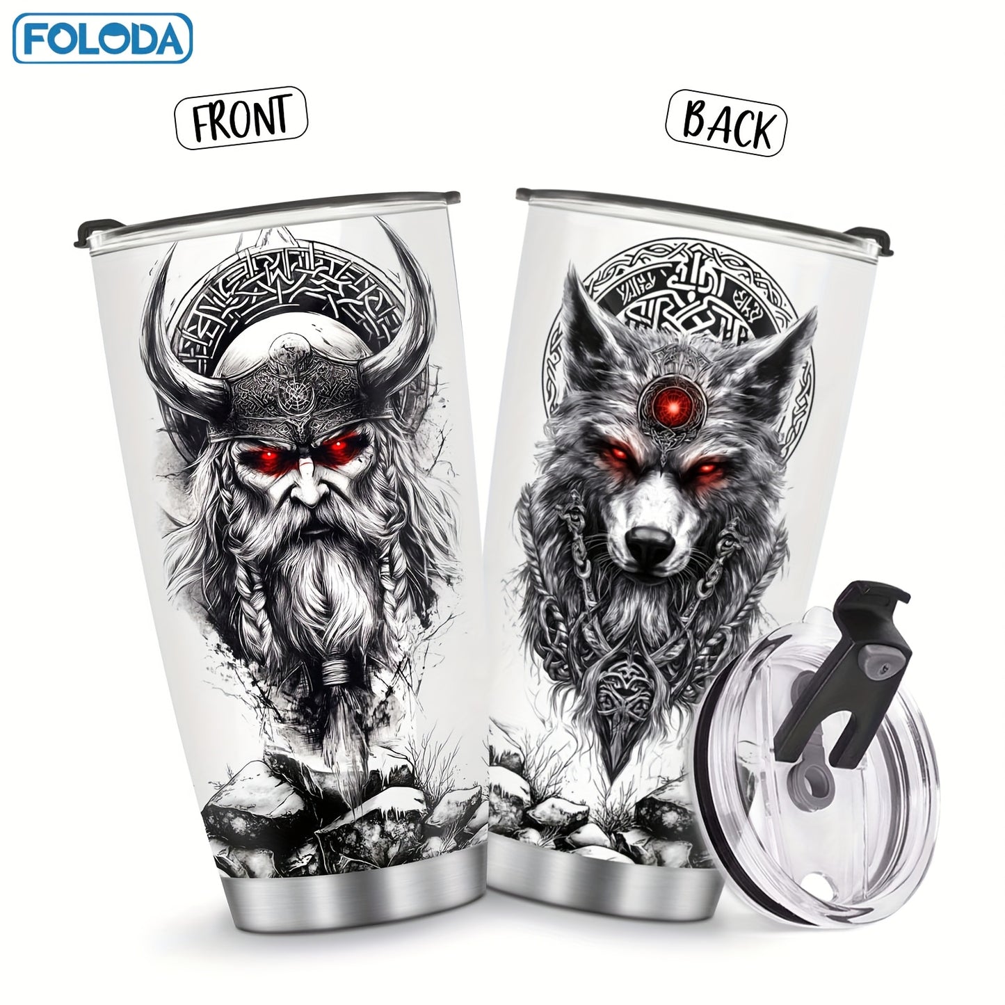 Foloda Viking Wolf Tumbler - 20oz, Insulated Stainless Steel, Lid, Norse Design, Men's Gift