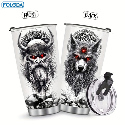 Foloda Viking Wolf Tumbler - 20oz, Insulated Stainless Steel, Lid, Norse Design, Men's Gift
