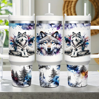 Mikenda Floral Wolf Tumbler - 40oz, Insulated Stainless Steel, Straw & Lid, Hot & Cold