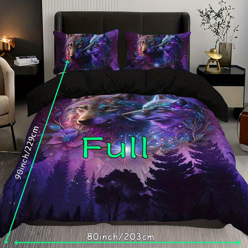 Starry Sky Forest Wolf Print 3-Piece Bedding Set - Soft & Breathable Duvet Cover for Bedroom, Guest Room & Dorm