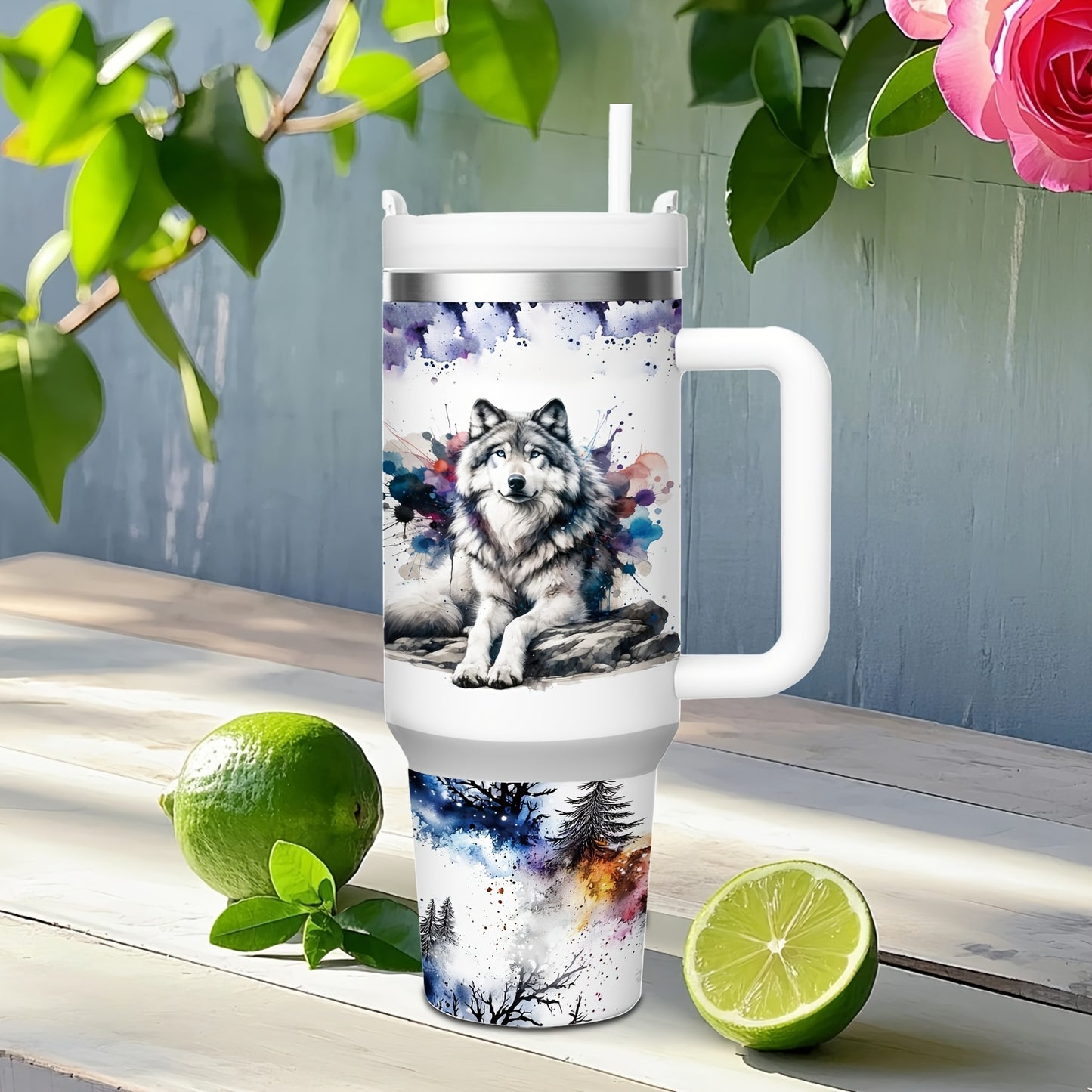 Mikenda Floral Wolf Tumbler - 40oz, Insulated Stainless Steel, Straw & Lid, Hot & Cold