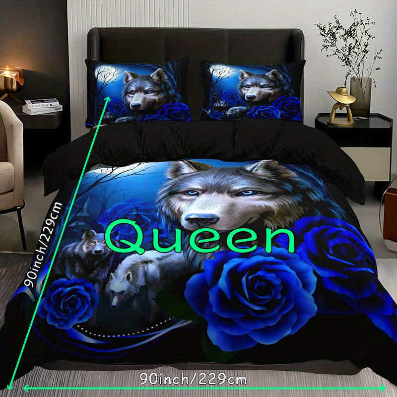 Wolf Blue Rose Duvet Cover Set - 3pcs, Soft, Breathable, All-Season, Bedroom Decor