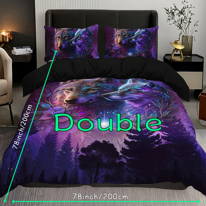 Starry Sky Forest Wolf Print 3-Piece Bedding Set - Soft & Breathable Duvet Cover for Bedroom, Guest Room & Dorm