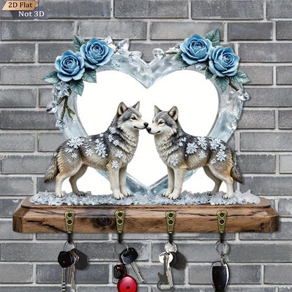 Wolf & Heart Wooden Key Rack - Rustic, Wall-Mounted, 4 Hooks, Winter Wonderland, Christmas Gift