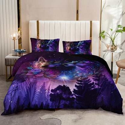 Starry Sky Forest Wolf Print 3-Piece Bedding Set - Soft & Breathable Duvet Cover for Bedroom, Guest Room & Dorm