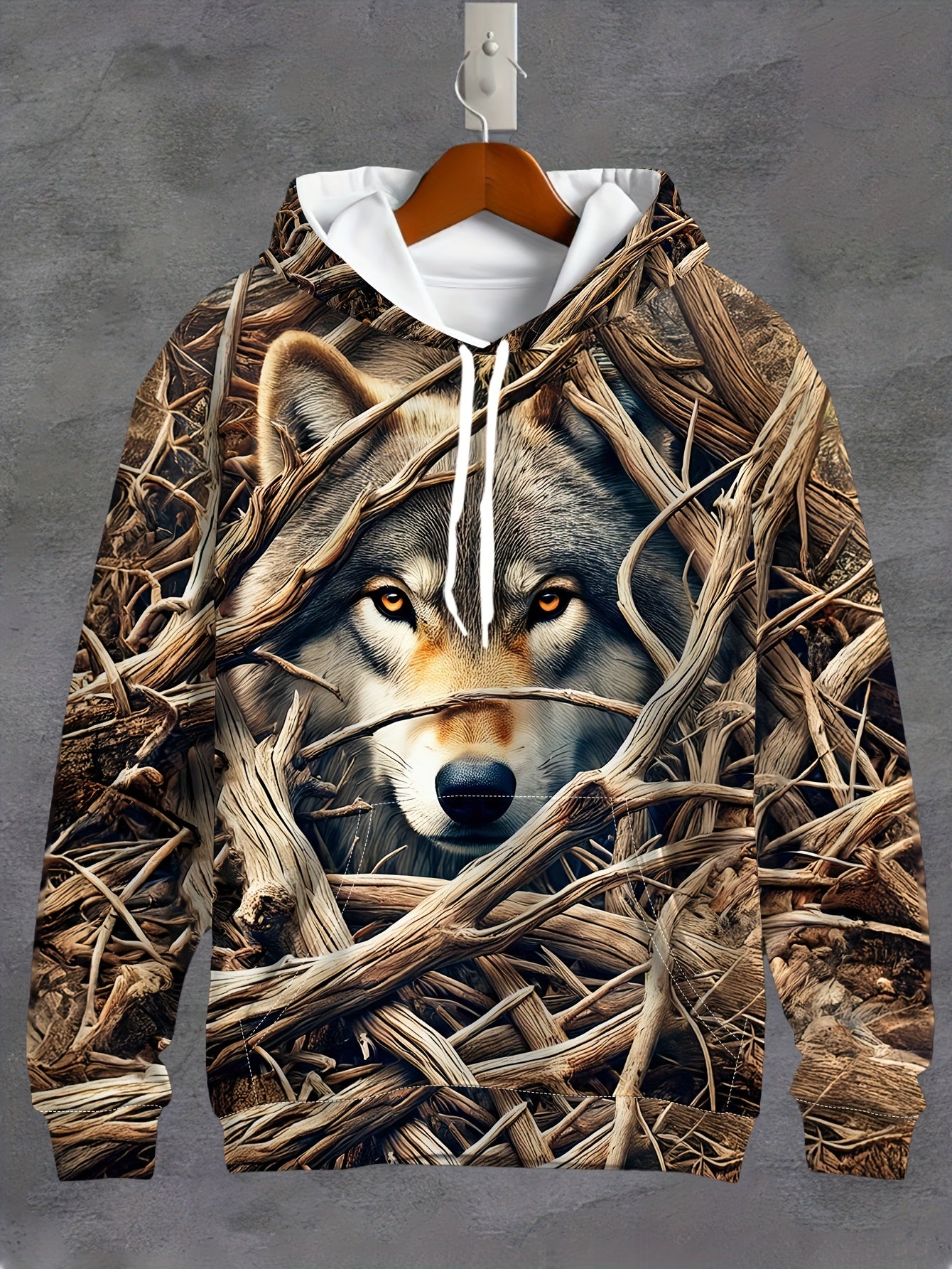 Men's Wolf Print Hoodie - 3D Animal Pattern, Polyester, Regular Fit, Fall/Winter