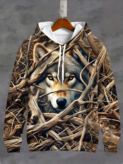 Men's Wolf Print Hoodie - 3D Animal Pattern, Polyester, Regular Fit, Fall/Winter